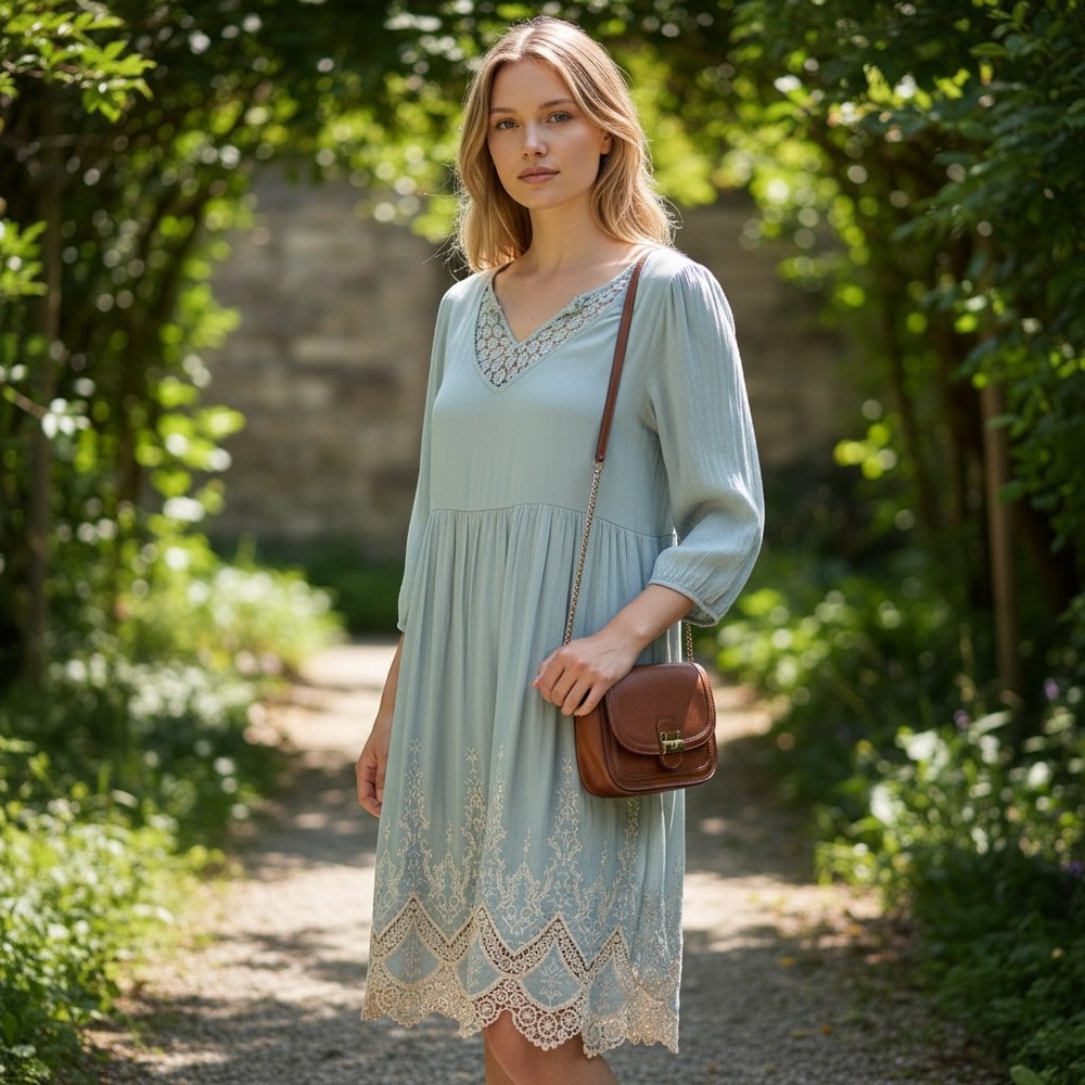 Altar'd State Boho Mini Dress Women Small Blue Excellent Lace Crochet Embroidery